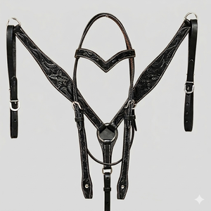 Juego de arreos para caballo de cuero repujado floral con acabado ligero, estilo western, con cabezada y pechopetral, detalles de puntadas plateadas y puntos decorativos, tamaño personalizado - Product Image 5