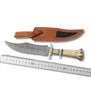 Cuchillo Bowie de Caza de Acero de Damasco PASHA ENTERPRISES, Mango de Hueso de Camello, Funda de Cuero, Grado Industrial, OEM Personalizable - Product Image 2