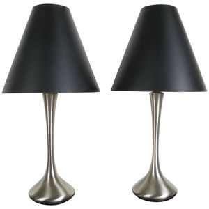 Ensemble de 2 lampes de table modernes, finition nickel brossé argenté, base en métal avec abat-jour en fausse soie noire pour chambre à coucher et salon - Product Image 1