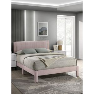 1 pz. Testiera imbottita in peluche contemporanea con texture a coste, letto a piattaforma completo con telaio a basso profilo e gambe discrete, colore rosa - Product Image 2