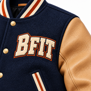 Chaqueta Varsity para Hombre, Color Azul Marino, Cuerpo de Lana, Mangas de Cuero Color Bronceado, Logotipo Bordado, Ropa de Otoño - Product Image 6