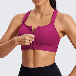 Women Solid Pink Sports Bra Zipper Front Halter V-neck Seamless Breathable Crop <b>Top</b> High Waist Shorts Yoga Set Workout - Product Image 2