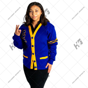 Custom Unisex Design Sigmma Gammma Royal Blue Yellow Greek Letter Varsity <b>Cardigan</b> <b>Sweater</b> - Product Image 3