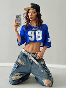 Maillot de football américain pour femme, manches longues, crop top sportif, maillot court en mesh avec numéro, style Y2K années 90, col en V, tee-shirt graphique streetwear - Product Image 3