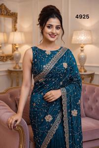 Sari indien traditionnel en soie, entièrement brodé de Zari et de sequins, avec passepoil, réversible pour l'hiver et l'été, coupe ajustée, idéal pour les mariages et les occasions spéciales. - Product Image 5