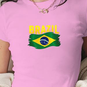 Camiseta Corta de Moda para Mujer, Corte Ajustado, Estilo Y2K, con Ilustración de la Bandera de Brasil, en Tejido de Punto - Product Image 2