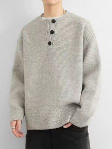 Pull Henley pour homme, à la mode, à manches longues, en tricot, col boutonné, chaud, confortable, décontracté, pull d'hiver, vente en gros - Product Image 3