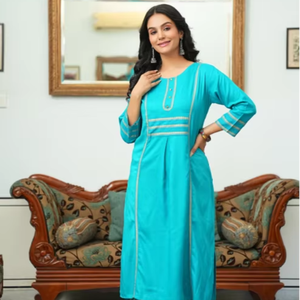 Ensemble Kurta et Palazzo Droit pour Femme en Rayonne Imprimée Or, Couleur Teal, Séchage Rapide, Idéal pour l'Été, Tenue Décontractée, Traditionnelle, Festive ou de Soirée - Product Image 1