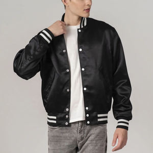 Men Black Satin <b>Jacket</b> With White Stripes Polyester Breathable Comfort Fit Sport Varsity <b>Jackets</b> With Patch Logo - Product Image 1