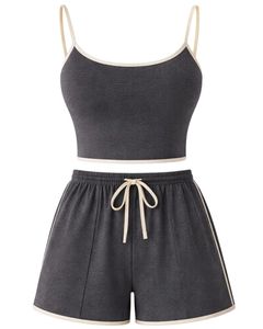 Charcoal Grey Women Camisole And Shorts Set Summer Two Piece Outfit Cotton Blend Crop <b>Top</b> Drawstring Shorts Casual Lounge Set - Product Image 1