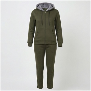 Conjunto Deportivo de 2 Piezas para Mujer, Color Verde Oliva, Sudadera con Capucha y Cierre Frontal, Pantalones, Estilo Casual, Color Sólido, Manga Larga, Forro Polar Medio - Product Image 1