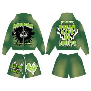 Ensemble de survêtement décontracté pour homme en coton 100% avec logo personnalisé, effet délavé à l'acide, comprenant un sweat à capuche zippé et un short, 2 pièces - Product Image 6