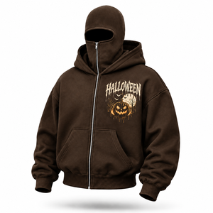 Wholesale Brown Halloween Pumpkin Graphic Full <b>Zip</b> Mask Hoodie Oversized <b>Hooded</b> Sweatshirt with Face Cover Unisex Fashion Hoodie - Product Image 2