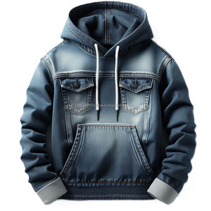 Sudadera con capucha de mezclilla lavada de algodón 100% para hombre, jersey de estilo invernal con patrón sólido teñido de hilo y sudaderas con bolsillos en el pecho - Product Image 4