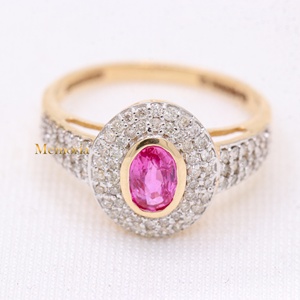 Bague halo en or massif 14 carats avec saphir rose ovale naturel |   Bijoux fins sertis de diamants, cadeau pour femmes - Product Image 1