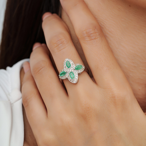 Stunning 925 Sterling <b>Silver</b> Four Leaf Clover Genuine Marquise Cut <b>Emerald</b> Fine Jewelry <b>Ring</b> Bulk Order Available - Product Image 2