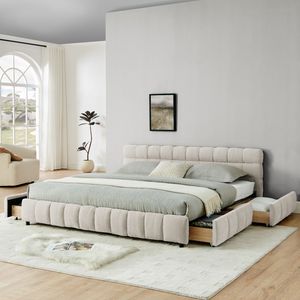 Letto King Size Imbottito in Tessuto Chenille con Testiera Solida e Cassetto, Comoda Struttura Letto - Product Image 3