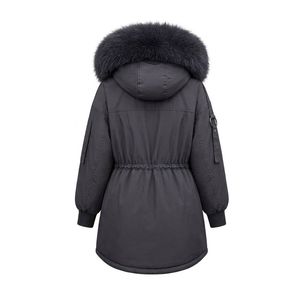 Custom Slate Grey High Low Puffer Coat Dip Hemline Zip Pocket Warm Polyfill Plush <b>Fur</b> Hood Neck Ribbed Cuffs Puffer Coats - Product Image 3