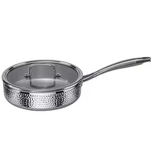 Poêle à frire en acier inoxydable martelé avec couvercle en verre trempé et poignée ergonomique tubulaire longue – Option privilégiée - Product Image 1