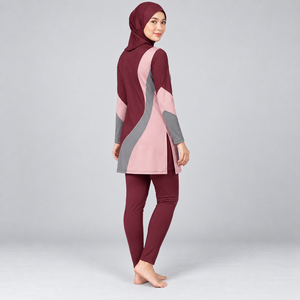 Conjunto Burkini Modesto de 3 Piezas, de Alta Demanda, con Cobertura Completa, Top Corto de Cuello Alto y Cintura Alta, con Logotipo Frontal, Efecto Lavado - Product Image 3