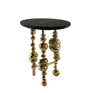 Trending Unique Design <b>Round</b> <b>Side</b> <b>Table</b> with Bronze Base and Metal Wooden Texture Band for Living Room Home Furniture - Product Image 5