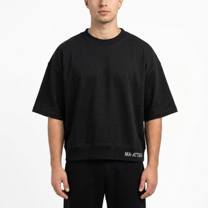 Camiseta de hombre negra oversize con cuello redondo, manga corta, corte relajado, dobladillo acanalado, estilo casual urbano - Product Image 1