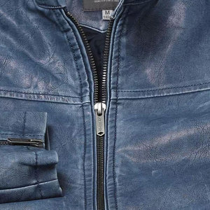 Men's Blue Washed Cow Leather Moto <b>Jacket</b> Stand Collar Zipper Closure <b>Slim</b> <b>Fit</b> Autumn Biker Style Regular Sleeve - Product Image 4