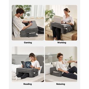 Oreiller de lecture et de repos en mousse à mémoire de forme avec 2 poches porte-gobelets, grand oreiller de lit, support de bureau portable, tissu lavable – Confortable et pratique - Product Image 6