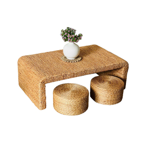 Handmade Modern <b>Rustic</b> <b>Coffee</b> <b>Table</b> Set with 4 Ottomans Wood & Water Hyacinth Eco-Friendly Lightweight Design - Product Image 5