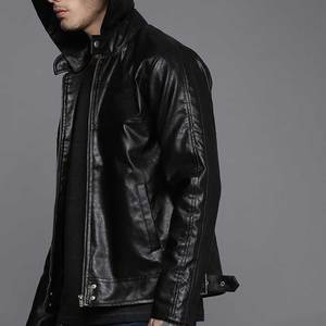 Men's Black Pu Leather Hooded <b>Jacket</b> Moto Biker Style Zipper Closure Slim Fit Solid Color Autumn Wear - Product Image 3