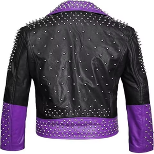 Nouvelle veste en cuir de vachette multicolores pour homme, style punk rock, col montant, fermeture éclair, faite à la main, pour moto, avec clous argentés - Product Image 2