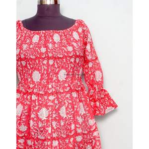 Vestido corto de verano de algodón con cuello cuadrado, vestido corto con estampado floral de manga larga, vestido midi para mujer. - Product Image 3