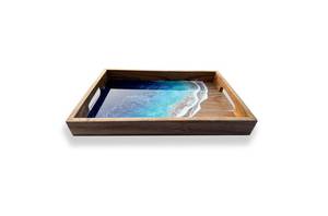 Plateau en bois et résine époxy aux couleurs océaniques, plateau scène de plage en résine époxy, grand plateau en bois de noyer teinté - Product Image 5