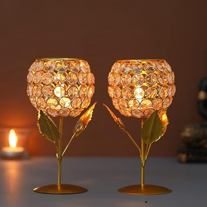 Luxury Crystal Rose Brass Candle <b>Holder</b> Handmade Decorative <b>Tealight</b> Candle Stand Elegant Metal Flower Candle <b>Holder</b> for Wedding - Product Image 1
