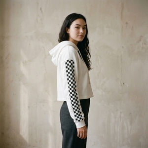 <b>Women's</b> <b>White</b> Cropped <b>Hoodie</b> Long Sleeve Plaid Stripe Fleece Pullover Casual Autumn Sweatshirt - Product Image 5