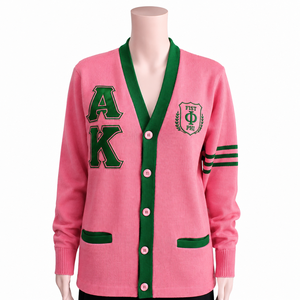 Cárdigan de Mujer con Bordado de Letras Griegas Personalizadas, Estilo Fraternidad/Sororidad, Tejido, Casual, Doble Botonadura - Product Image 1