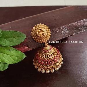Ruby Embellished Peacock Jhumki Drop Earrings for Party - Product Image 3