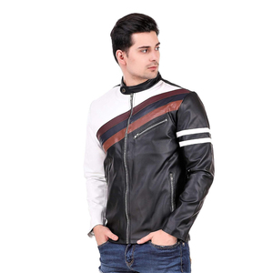 Men's Genuine Leather <b>Canvas</b> Moto Jacket Color Blocking Stripe Design Front Logo Stand Collar Biker Style Windproof Winter - Product Image 4
