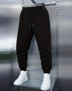 Men's Black Sweatpants Mid Waist Drawstring Casual Joggers Pockets Autumn Wear Loose Breathable Thermal-lined Knitted Cotton - Product Image 3