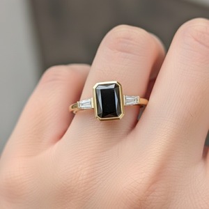 Art Deco Bezel Set Tapered Baguette Side <b>Stone</b> <b>Ring</b> <b>With</b> 1.75 CT Natural <b>Black</b> Emerald Diamond In Solid 925 <b>Silver</b> Ladies Gift - Product Image 1