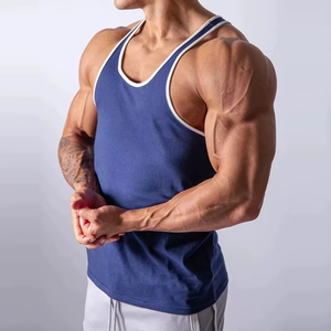 2026 Trendy <b>Men's</b> Blue Sleeveless Tank Top Solid Color Knitted Breathable Casual Fit Workout <b>Vest</b> <b>White</b> Trim O-Neck - Product Image 4
