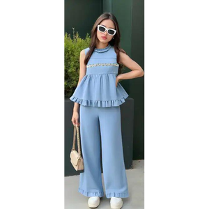 Conjunto de Dos Piezas: Top Peplum con Volantes y Pantalón de Pierna Ancha, Color Azul Polvo, Estilo Moderno y Chic - Product Image 2