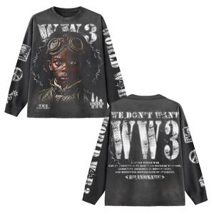 เสื้อยืดแขนยาวผ้าฝ้ายเนื้อนุ่มพรีเมียม 230 GSM สีดำล้างทำสีซีดพิมพ์ลายแบบดิสเทรส สกรีนโลโก้ตามสั่ง ผ้าฝ้าย 100% สำหรับไซส์ M - Product Image 1