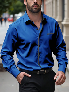 Men's Navy <b>Blue</b> Long Sleeve Dress <b>Shirt</b> Geometric Pattern Print Turn-down Collar Smart Casual Full Sleeve Poplin Fabric - Product Image 3