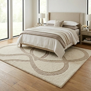 Alfombra de Lana Tufted Abstracta Hecha a Mano, Tamaño Personalizado, Color Beige Marfil con Patrón de Líneas, Alfombra de Lujo para Sala de Estar - Product Image 4