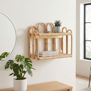 Bohemian Rattan Storage Rack Double Tier Bohemian Style Standing Organizer for Living Room Plant Fiber Crafted - Product Image 3