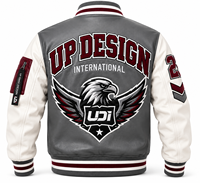 Veste universitaire en cuir gris sur mesure avec manches blanches, patchs d'aigle brodés, veste de baseball Letterman, fabricant OEM