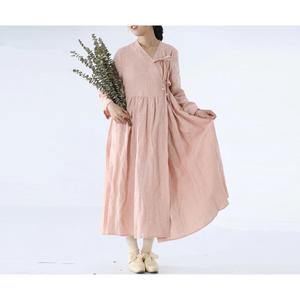Elegant Pink Cotton Linen Plain Maxi <b>Dress</b> With V-Neck Boho <b>Loose</b> Fit Full Sleeve Summer Casual <b>Dress</b> For Women - Product Image 1