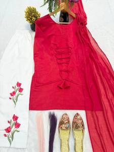 <b>Women</b> Traditional Mal Chandar Cotton Ankle-Length <b>Kurta</b> Set Floral Embroidery Quick Dry White Pants Pink Top Loose Fit All - Product Image 4