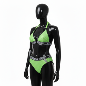 Conjunto de bikini premium de poliéster y spandex de 180 GSM, tela de malla verde neón, banda elástica con logo, conjunto de bikini con marca personalizada para mujer - Product Image 1